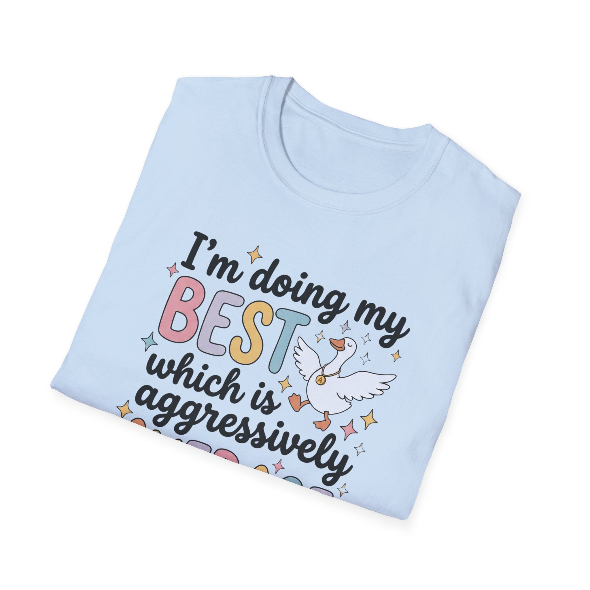“I’m Doing My Best Which Is Aggressively Average” T-Shirt — Funny Pastel Unicorn Tee