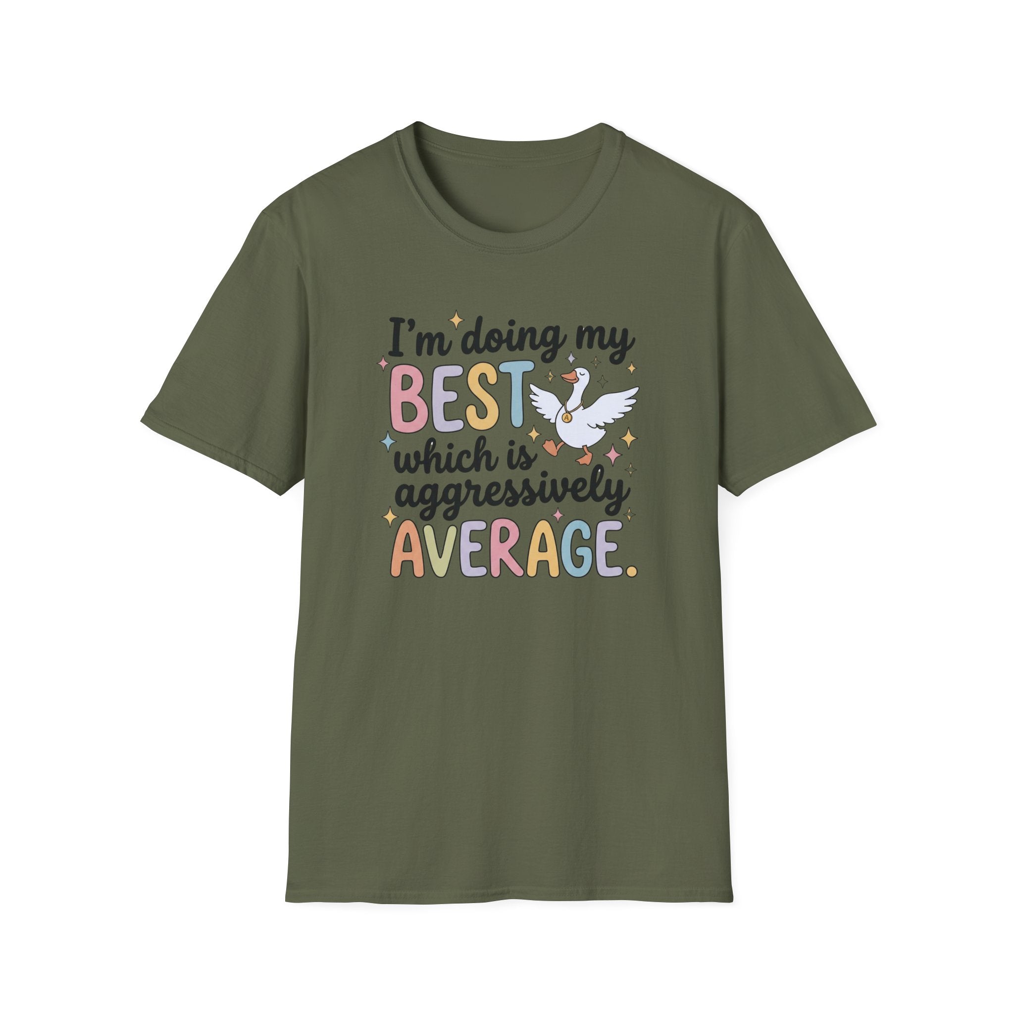 “I’m Doing My Best Which Is Aggressively Average” T-Shirt — Funny Pastel Unicorn Tee