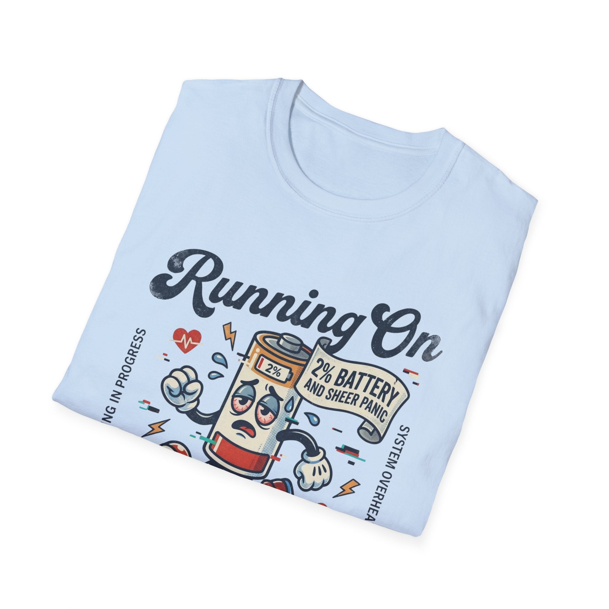 Running On Active Burnout T-Shirt — Funny Low Battery Cartoon Tee