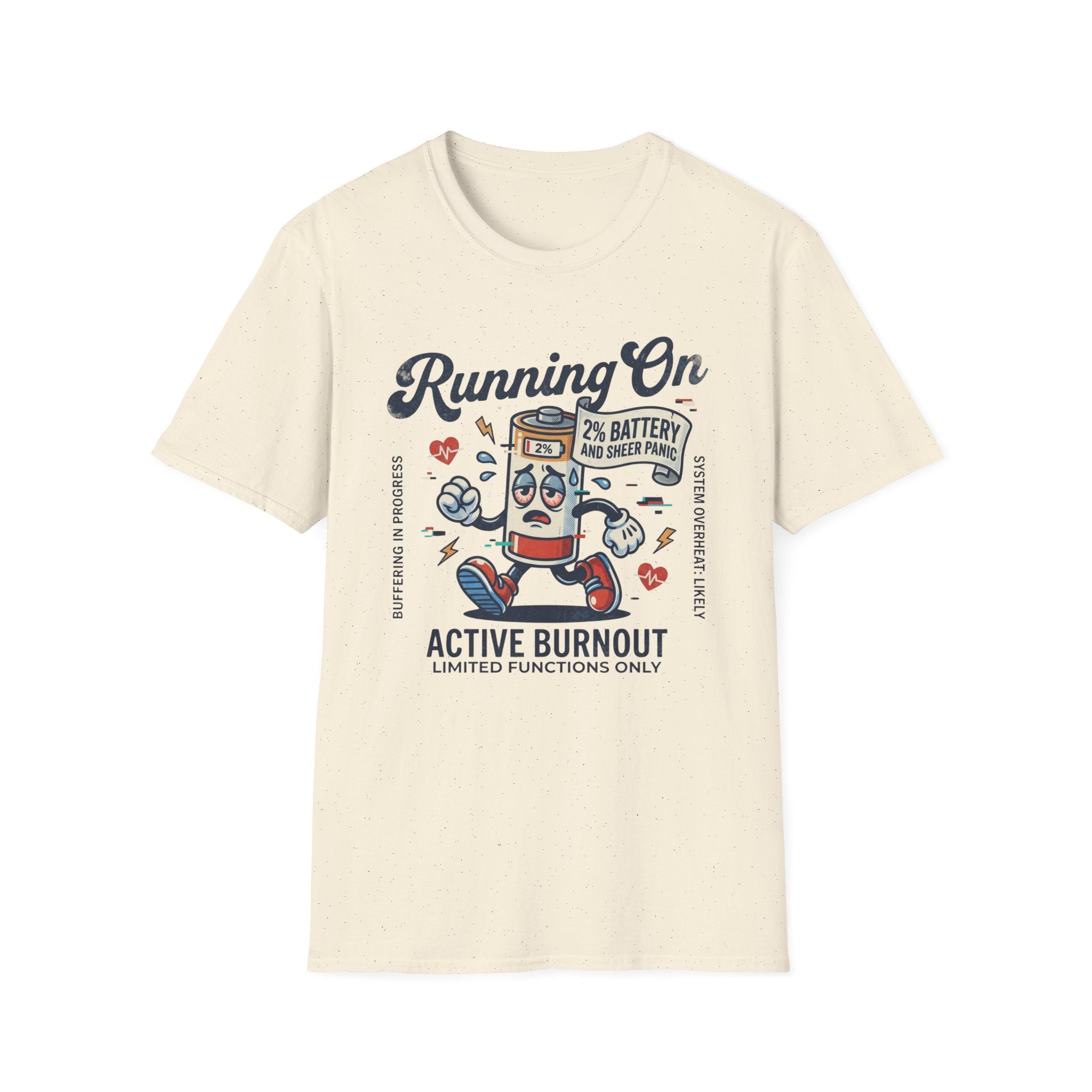 Running On Active Burnout T-Shirt — Funny Low Battery Cartoon Tee