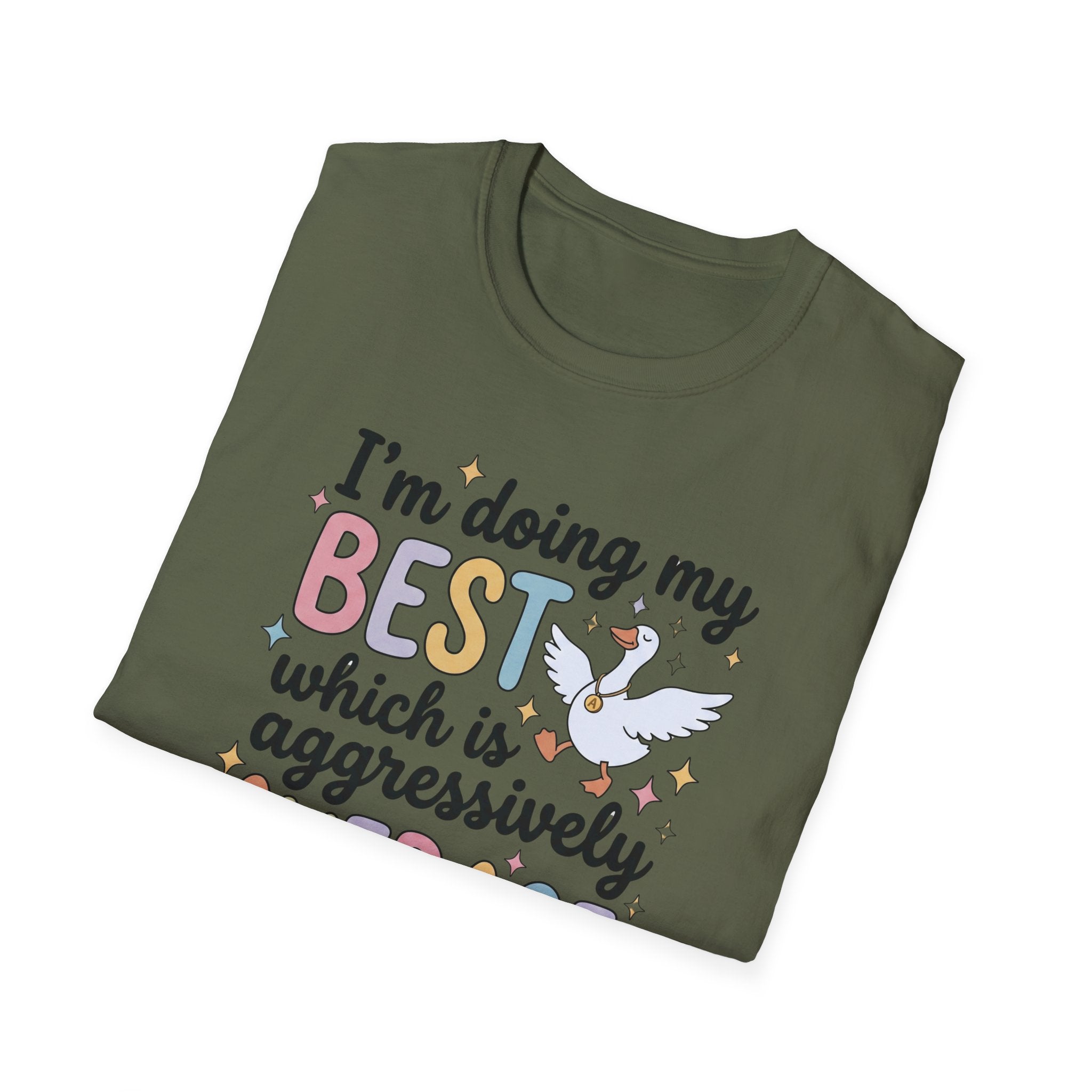 “I’m Doing My Best Which Is Aggressively Average” T-Shirt — Funny Pastel Unicorn Tee