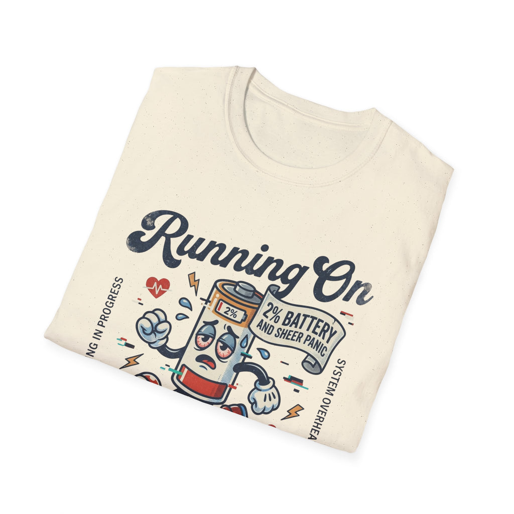 Running On Active Burnout T-Shirt — Funny Low Battery Cartoon Tee