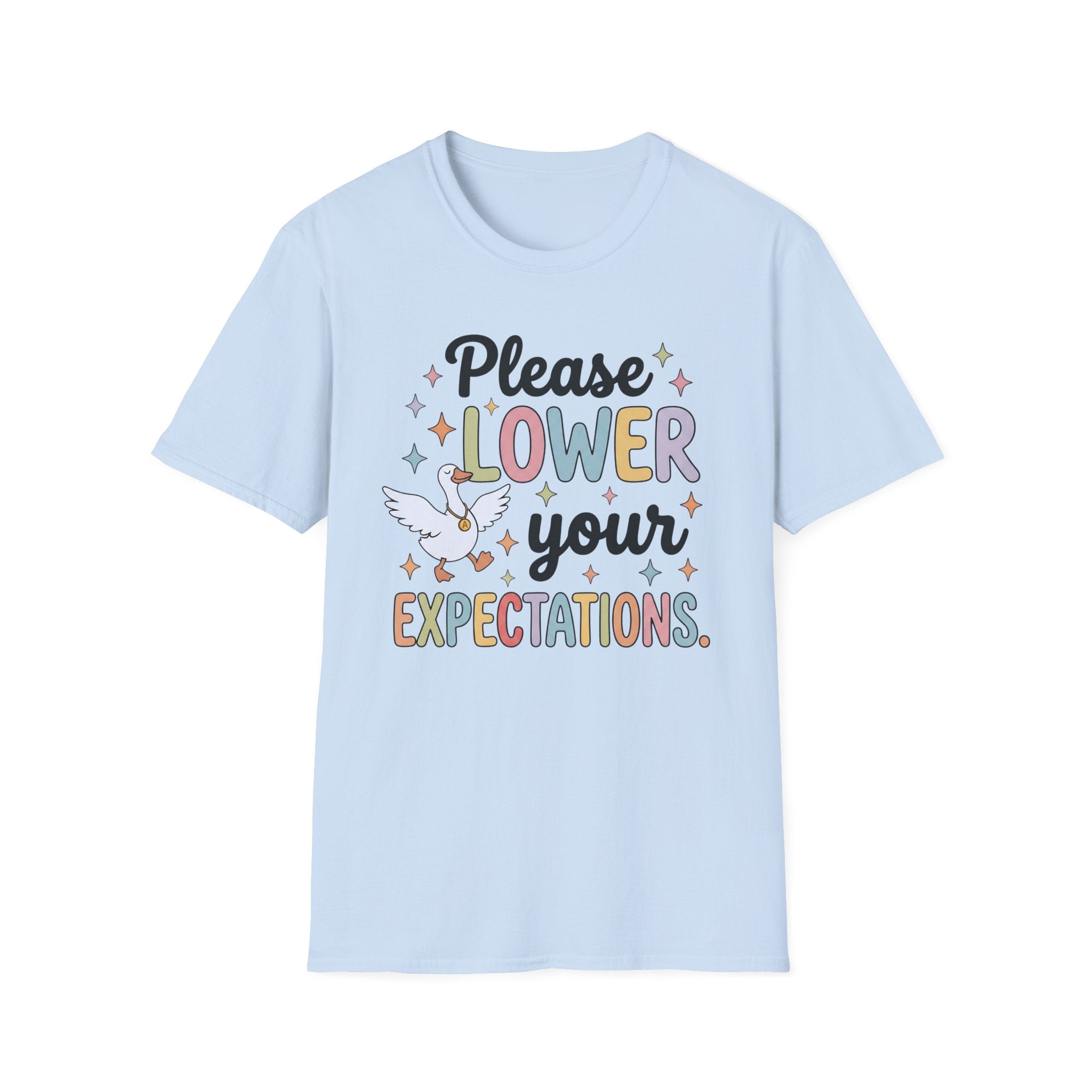Please Lower Your Expectations T-Shirt — Cute Dove Pastel Graphic Tee