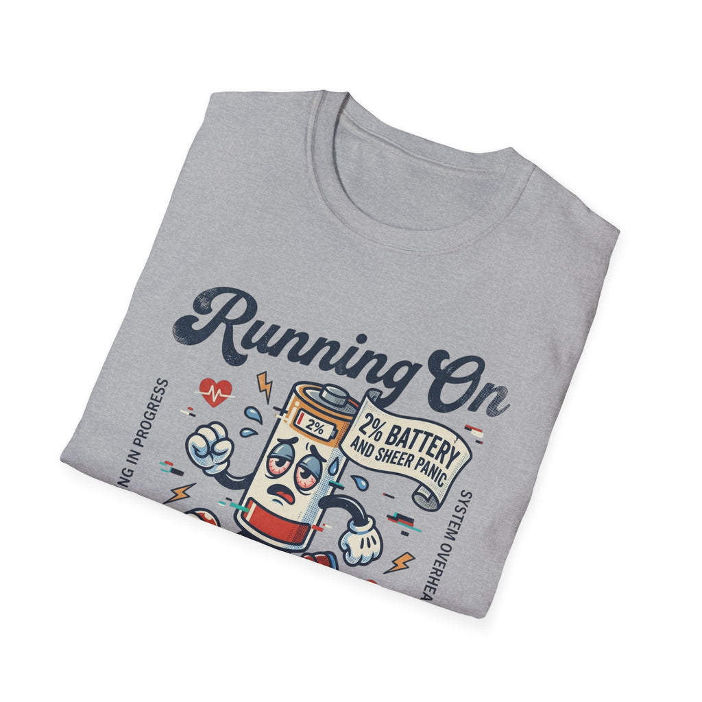 Running On Active Burnout T-Shirt — Funny Low Battery Cartoon Tee