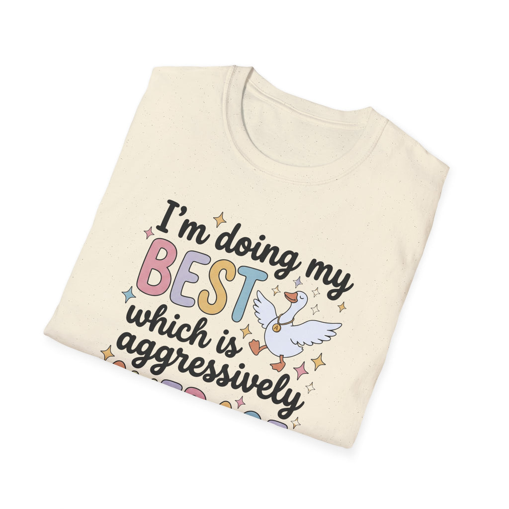 “I’m Doing My Best Which Is Aggressively Average” T-Shirt — Funny Pastel Unicorn Tee