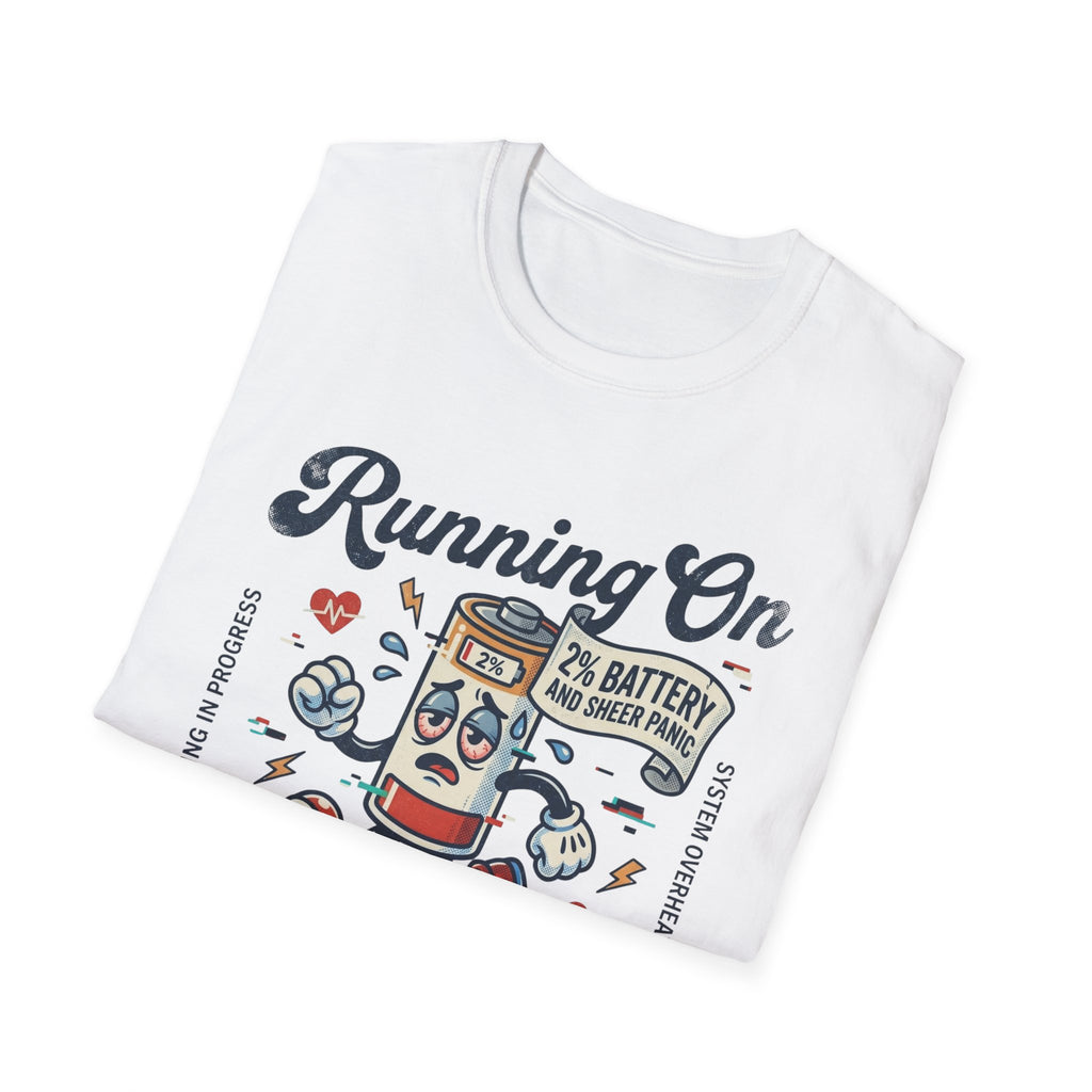 Running On Active Burnout T-Shirt — Funny Low Battery Cartoon Tee